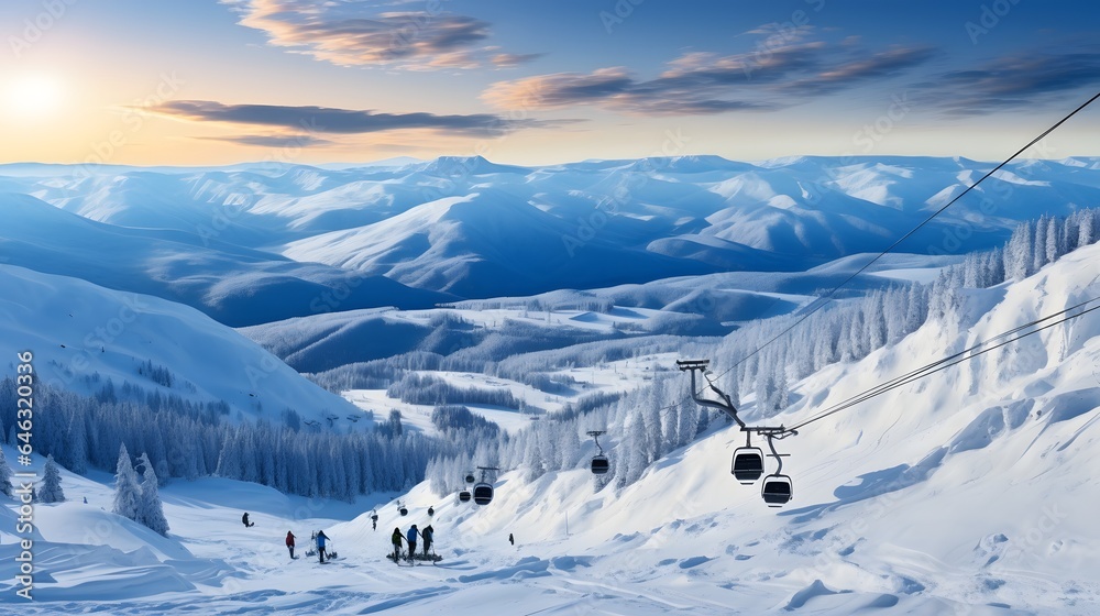 View from mount peak on ski resort and Altai mountains. Active winter rest, skiers and snowboarders on ski slope and Ski lift, beautiful nature and sport leisure. - obrazy, fototapety, plakaty 
