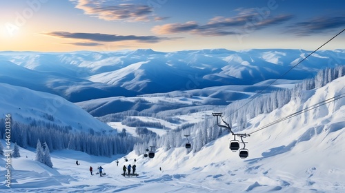 View from mount peak on ski resort and Altai mountains. Active winter rest, skiers and snowboarders on ski slope and Ski lift, beautiful nature and sport leisure.