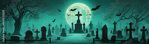A Halloween cemetery and graveyard with a full moon, in the style of dark turquoise and light green, made of mist, captivating, exacting precision, Halloween : 2 - Generated by AI.