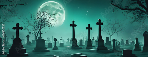 A Halloween cemetery and graveyard with a full moon  in the style of dark turquoise and light green  made of mist  captivating  exacting precision  Halloween   1 - Generated by AI.