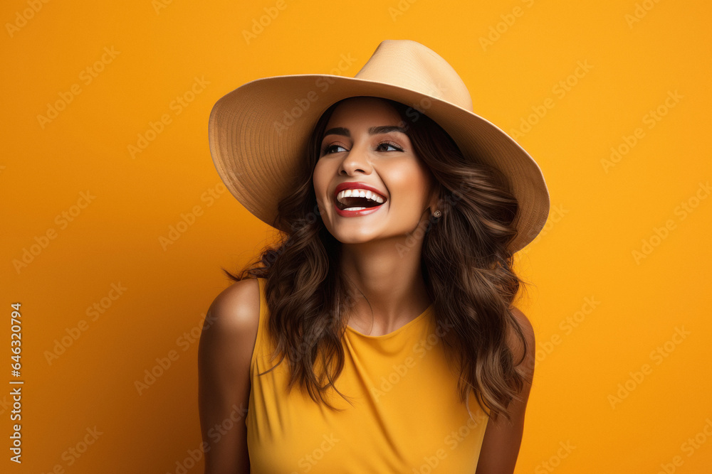 Gorgeous young woman wearing hat and giving happy expression. Gorgeous young woman wearing hat and giving happy expression.