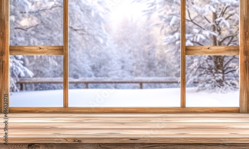 View through the window of a cottage into a snow covered winter mountains and forest. Snowy christmas nature background. For product display © Viks_jin
