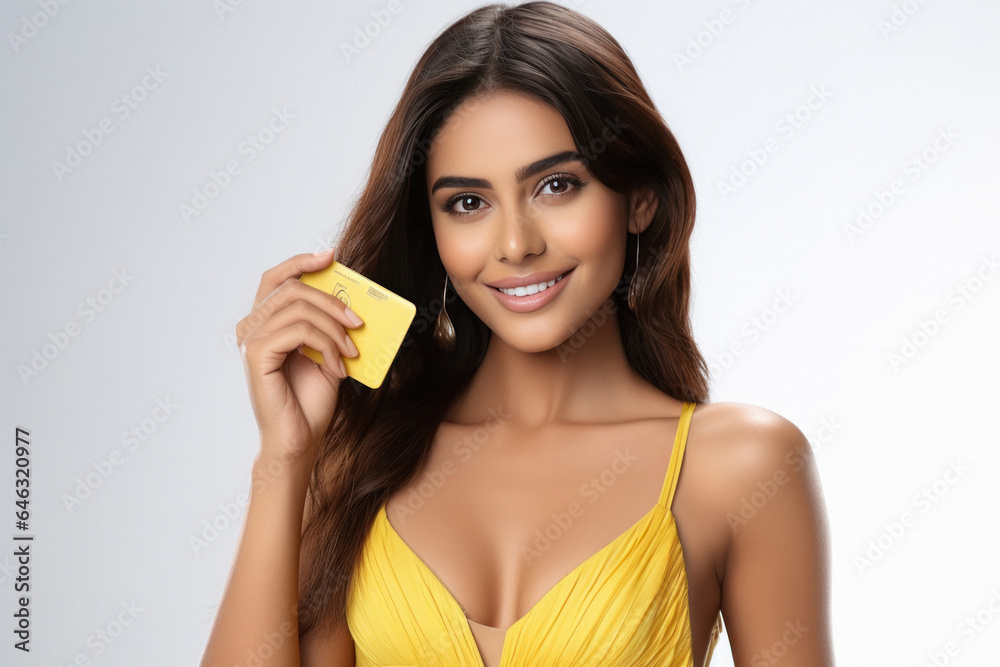 Young woman showing bank card and giving happy expression. Young woman showing bank card and giving happy expression.