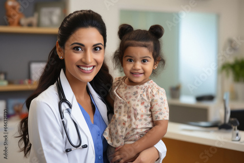 Female doctor or pediatrician holding little child.