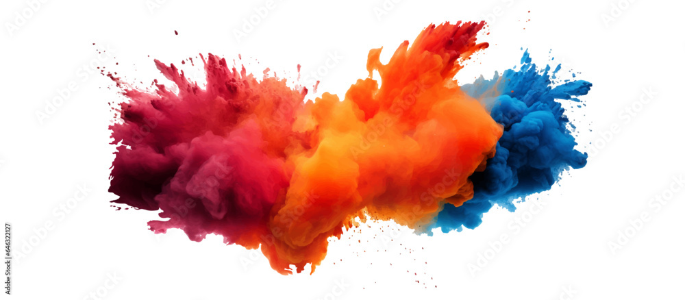 bright colorful Holi paint color powder festival explosion burst isolated white background. industrial print concept background Transparent .	
