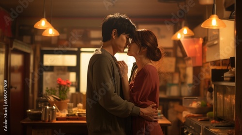 A girl and a guy in love in the cinematic style of a Korean dorama.