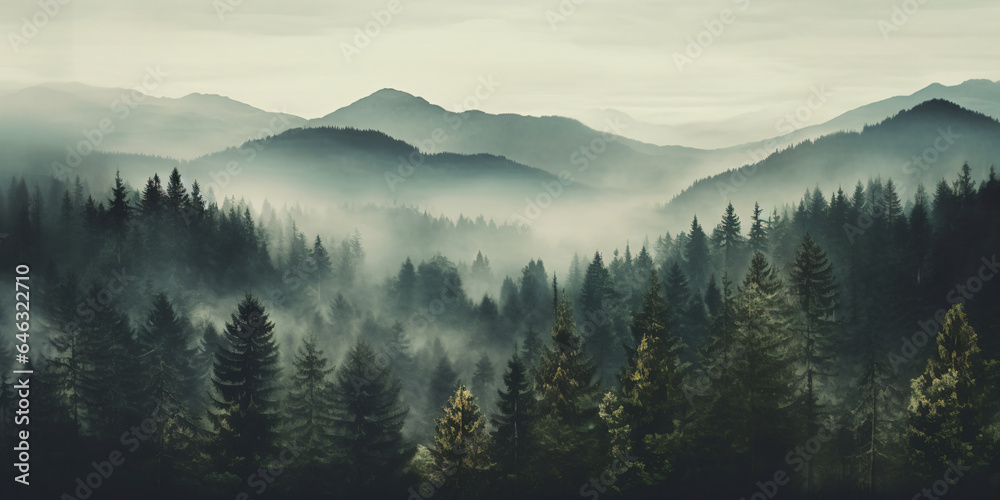 Misty fir forest beautiful landscape in hipster vintage retro style, foggy mountains and trees - Generative AI - obrazy, fototapety, plakaty 