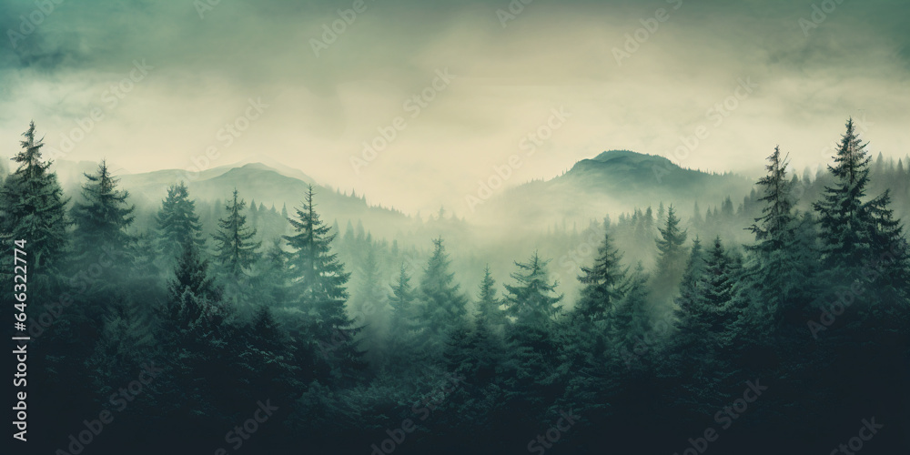 Misty fir forest beautiful landscape in hipster vintage retro style, foggy mountains and trees - Generative AI