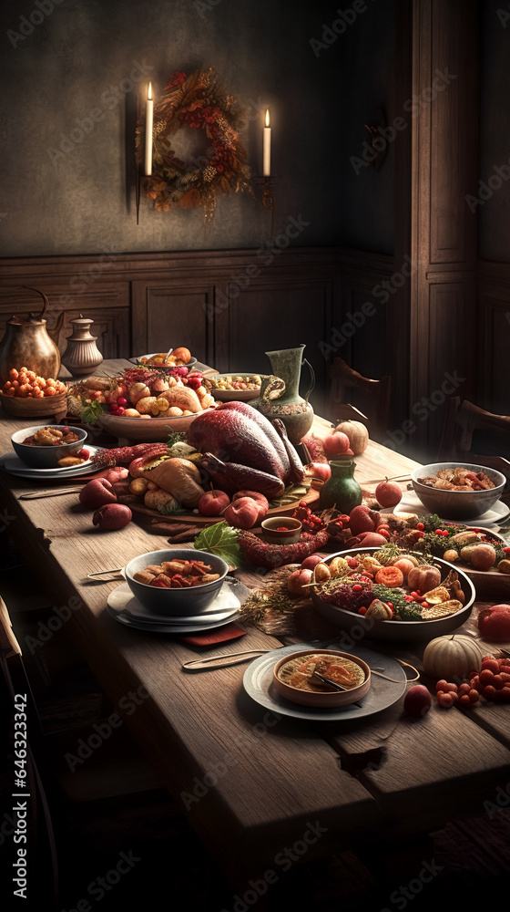 Traditional Thanksgiving dinner on a set table, generative AI. Traditional Thanksgiving dinner on a set table, generative AI.