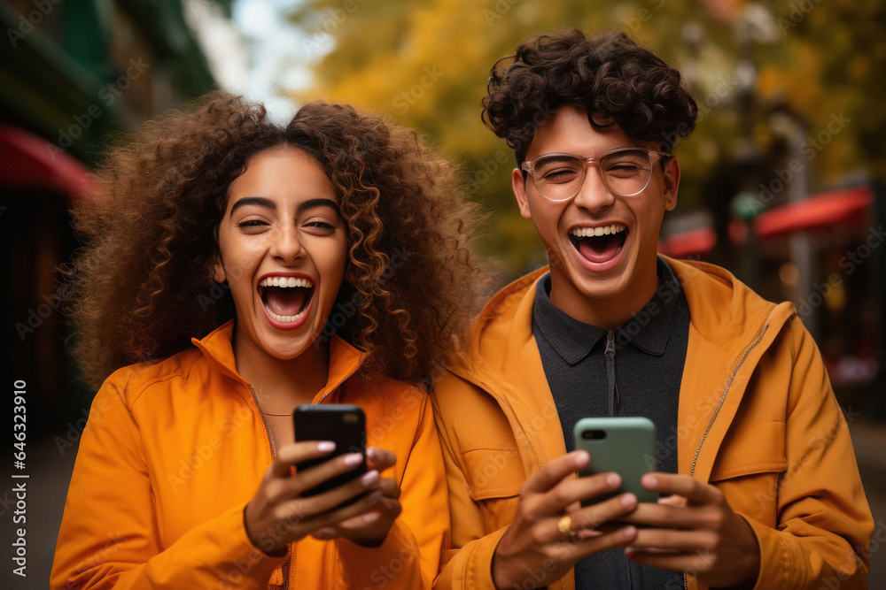 Young boy and girl loud laughing while using smartphone - obrazy, fototapety, plakaty 