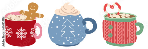 Christmas holiday coffee mug set. Cocoa with marshmallows, winter warming drinks and hot coffee cup. Xmas hot chocolate mugs or winter cappuccino and latte cups. Isolated vector flat illustration.