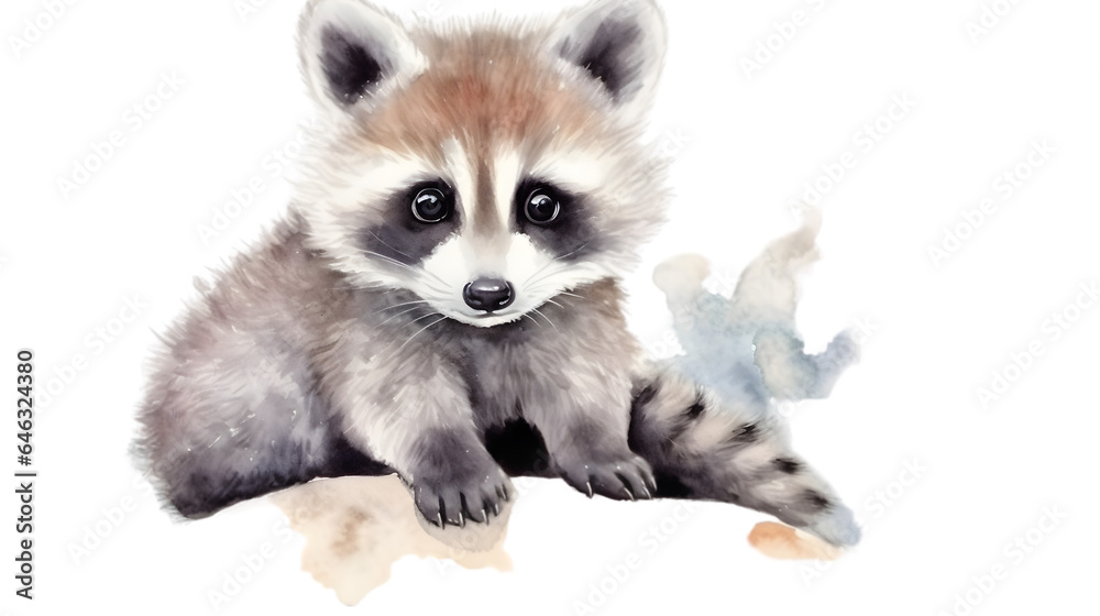 Cute raccoon watercolor illustration on white background
