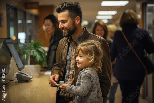 Family standing on reception counter at hospital or mall