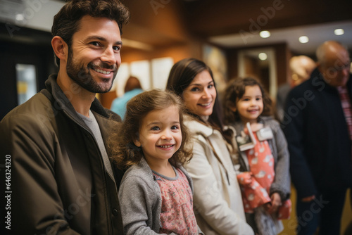 Family standing on reception counter at hospital or mall