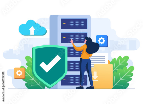 Software engineers with cloud data storage security, Cyber security, Database storage, Online hosting technology, Cloud Protection, Data backup, File sharing, Secure personal data flat illustration