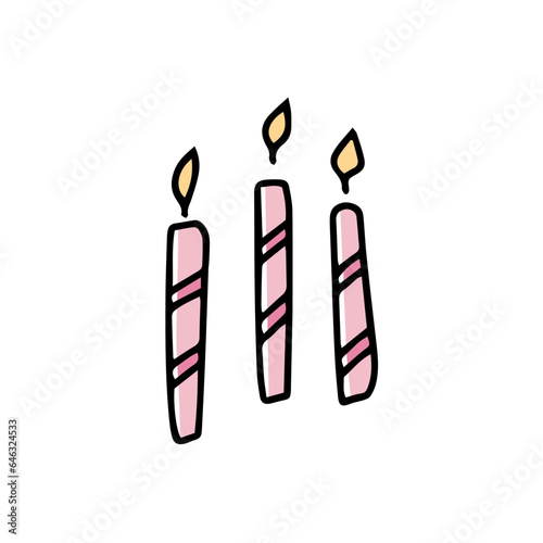 Candles for cake in doodle style on a white background. Festive concept. Hand drawn vector colored outline icon.