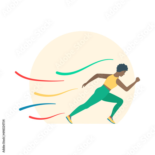 Black female athlete running a sprint race. Rushing woman in sportswear. Sport and fitness training concept. Busy businesswoman in competition. Cartoon vector illustration. © art4stock