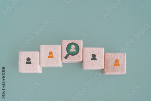 For buyer persona and target customer concept. Customer psychology profile ,characteristics. Personalized marketing and customer analysis. Wooden cube blocks with buyer persona icons
