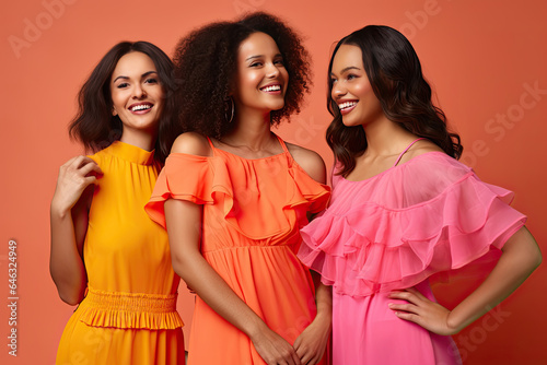 Young happy women of different ethnic backgrounds showing off their beauty, style and multicultural friendship in a vibrant and joyful studio portrait.