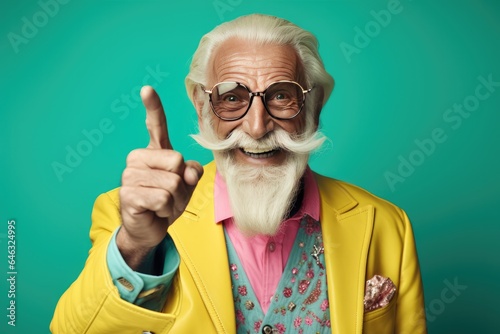 Stylish and happy elderly man with beard and gray hair exuding confidence and positivity making a playful gesture.