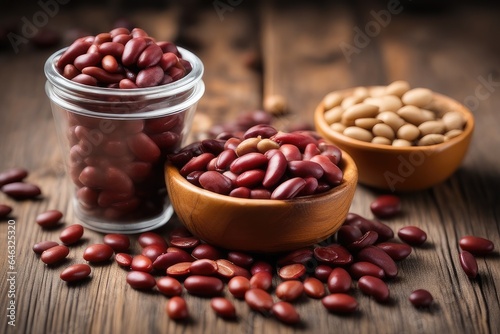 Assorted beans in bowls on a wooden background