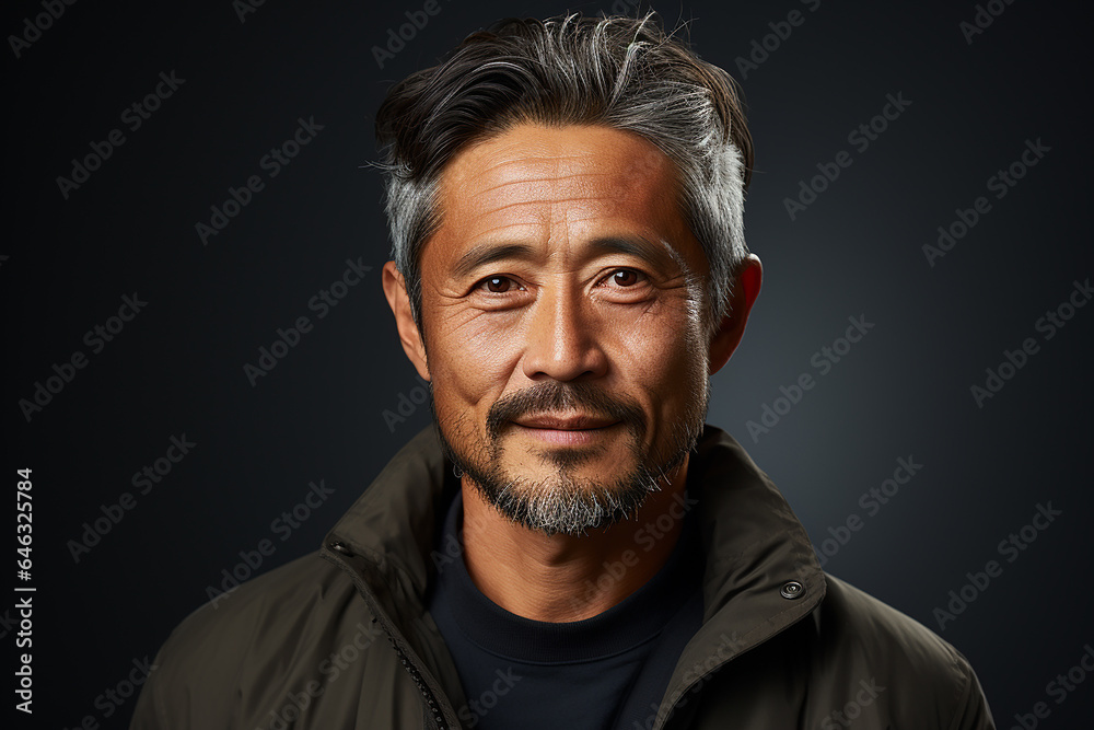 Studio portrait of handsome middle age asian man standing on different colours background