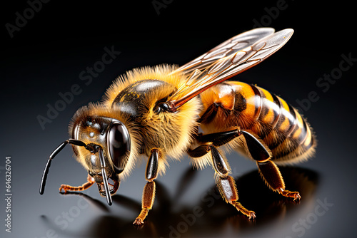 Bee on a Black Surface. Insect Illustration. Close up of a Bee. Generative AI. 