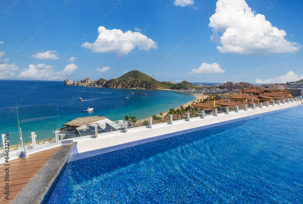 Scenic panoramic aerial view of Los Cabos landmark tourist destination Arch of Cabo San Lucas.