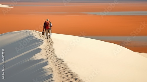 Tourists walking on desert sand dunes with red river aerial view at sunset Generated with AI