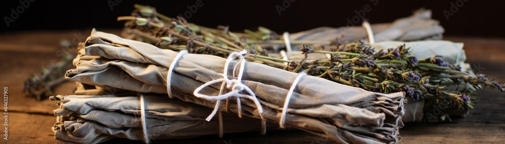 Wrapped White Sage Incense Sticks on wood table Generative AI Wrapped White Sage Incense Sticks on wood table Generative AI