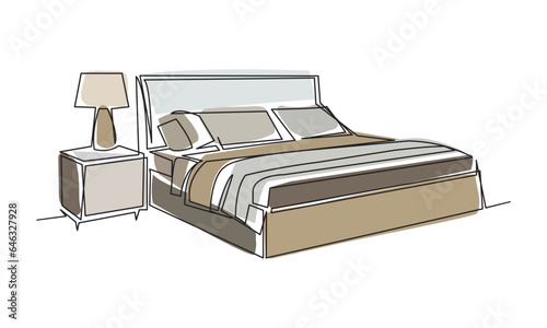 Continuous one line drawing of bedroom. Vector illustration
