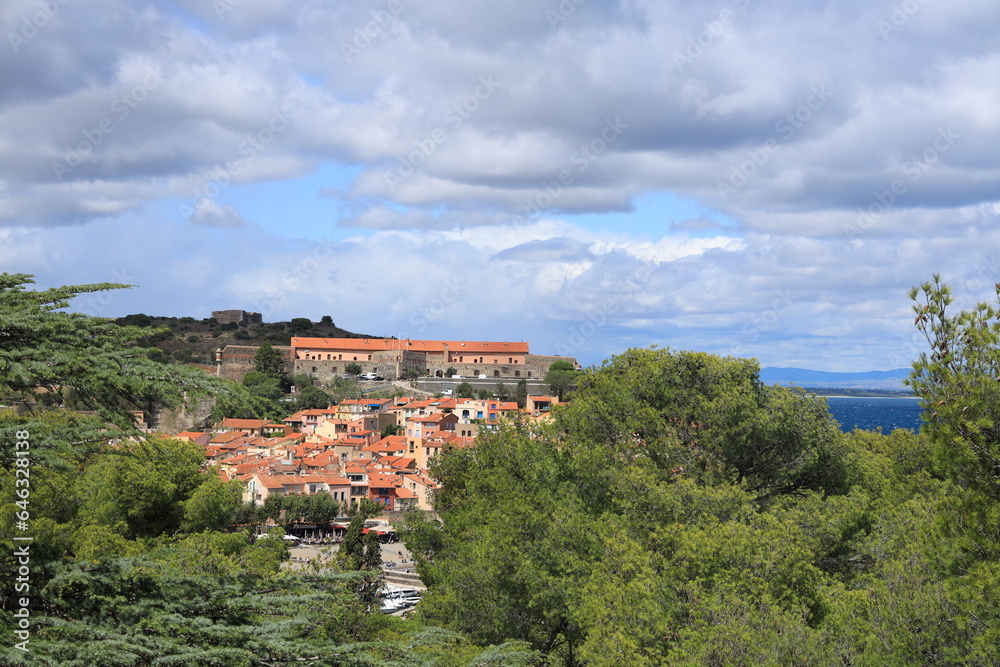 Collioure, a Mediterranean seaside town in southern France viewed from through gap in vegetation