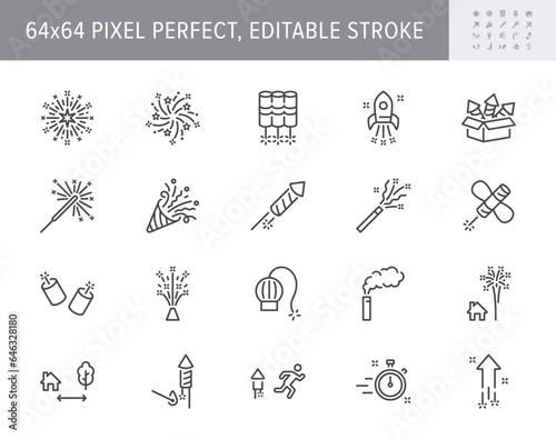 Fireworks line icons. Vector illustration include icon - ice fountain, firecracker, sparkler, roman candle, petard outline pictogram for celebration pyrotechnic. 64x64 Pixel Perfect, Editable Stroke