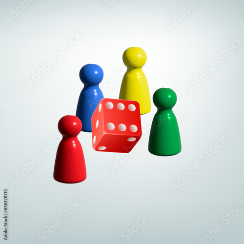 Red, blue and green glossy board game pawns isolated on white background. Plastic toy figures close up. 3D illustration. Ludo icon 3d render vector