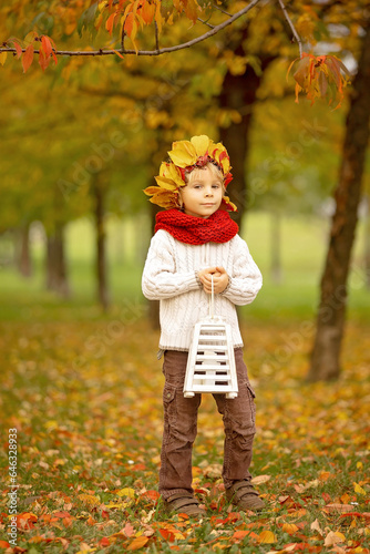 Adorable little child  blond boy with crown from leaves in park on autumn day.