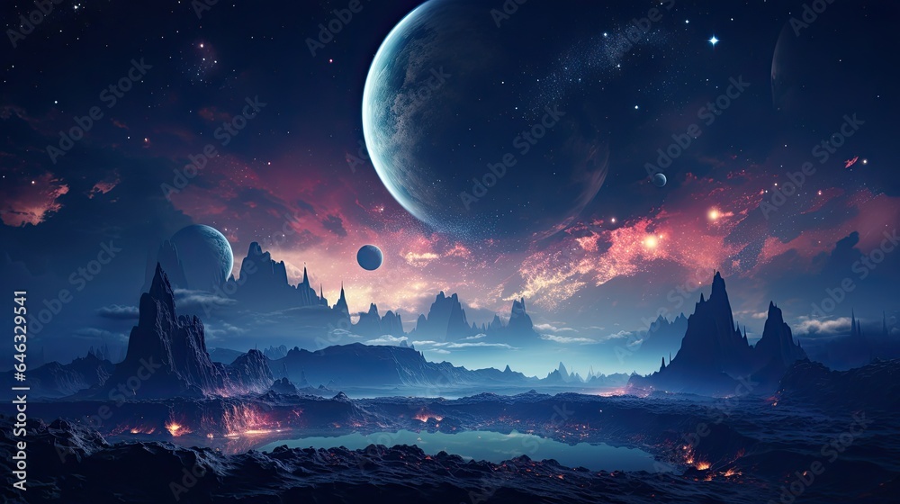 Fototapeta premium Outer space scene with planets and galaxies illustration.