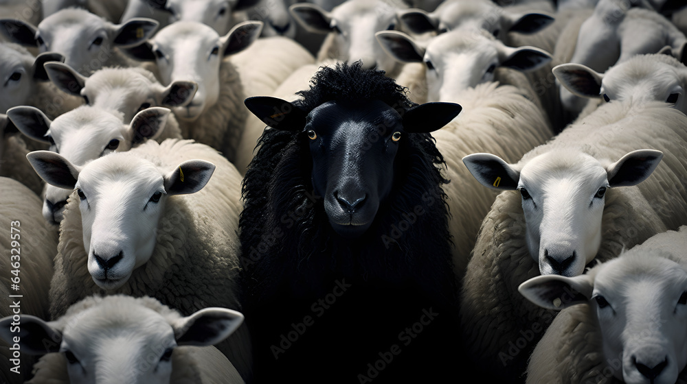 Black sheep in the herd of white sheeps, standing out of the crowd concept Black sheep in the herd of white sheeps, standing out of the crowd concept