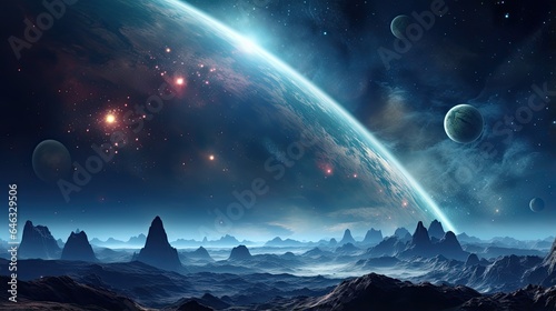 Outer space scene with planets and galaxies illustration.