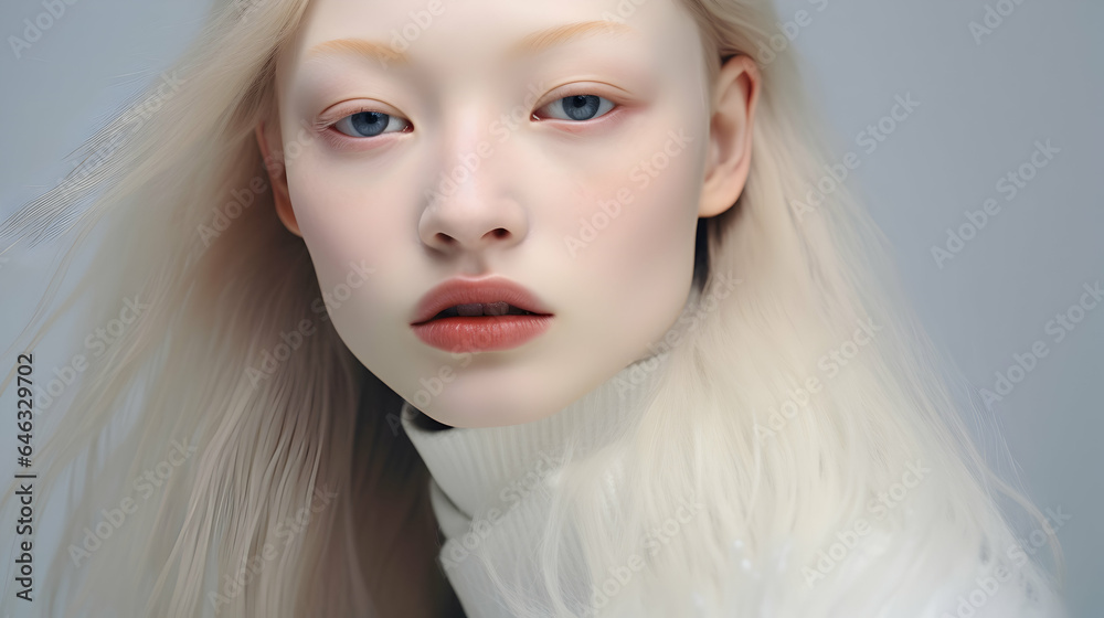 Beauty portrait of an albino girl with styled hair and pink flowers, concept of a beauty salon, skin care, space for text