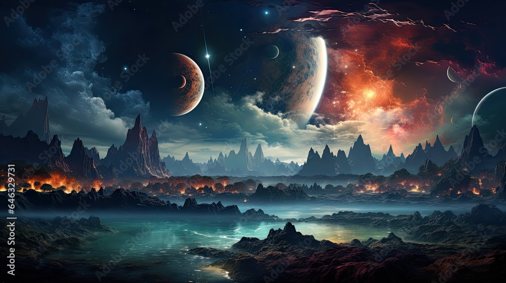Obraz premium Outer space scene with planets and galaxies illustration.