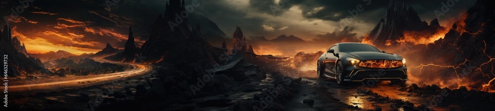 Infernal Pursuit on Asphalt - Hellraiser Car Driving toward Erupting Volcano - Stock Photo Artistry - Car Lava Backdrop and Empty Copy Space for Text Wallpaper created with Generative AI Technology