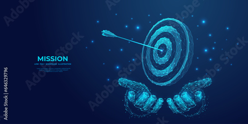 Abstract digital businessman gesture protecting dartboard with bow arrow. Futuristic low poly wireframe business achievement objective target concept. Blue hologram techno style. Vector illustration.