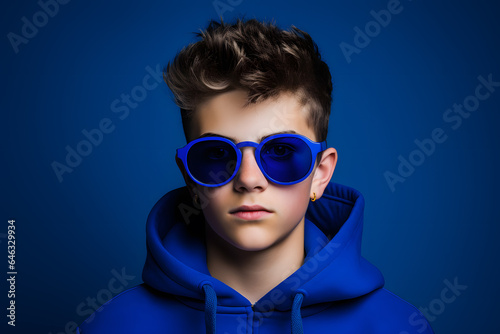 Colorful studio portrait of a cool teenager boy with age specific outfit and accessories. Bold  vibrant and minimalist. Generative AI