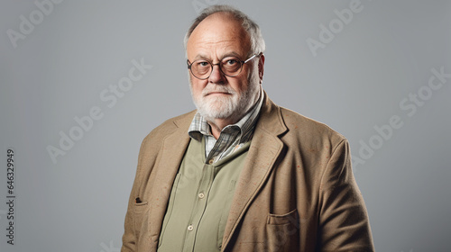Studio portrait of elderly man with glasses in his 50s, German math teacher, gray background, copy space
