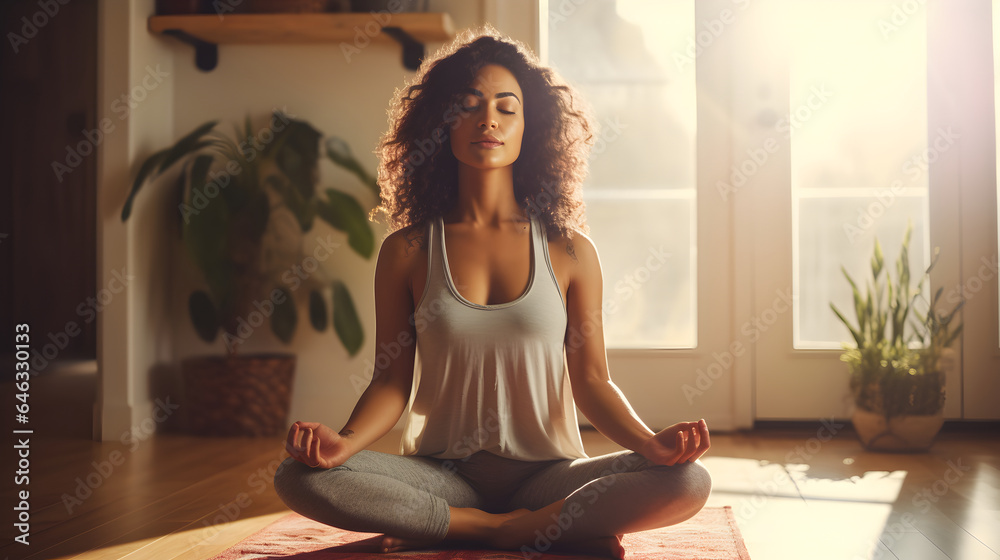 Healthy young woman doing meditation at home with eyes closed, relaxing body and mind sitting on floor in living room, mental health and meditation concept - obrazy, fototapety, plakaty 