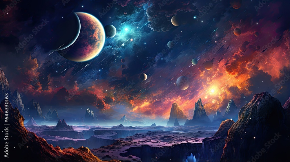 Outer space scene with planets and galaxies illustration.