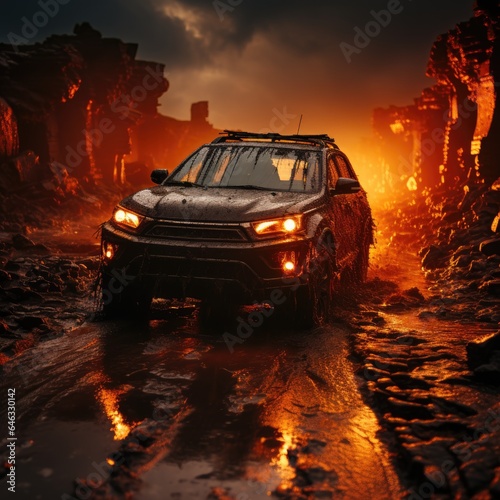 Infernal Pursuit on Asphalt - Hellraiser Car Driving toward Erupting Volcano - Stock Photo Artistry - Car Lava Backdrop and Empty Copy Space for Text Wallpaper created with Generative AI Technology