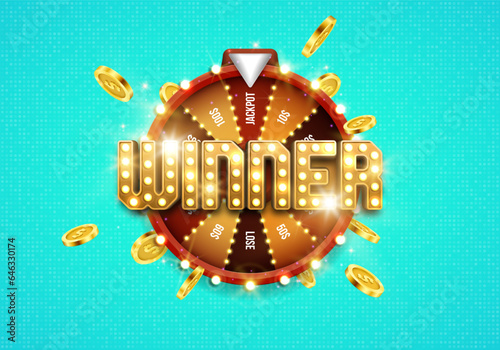 Shining Winner sign with wheel of fortune and golden coins. Vector illustration