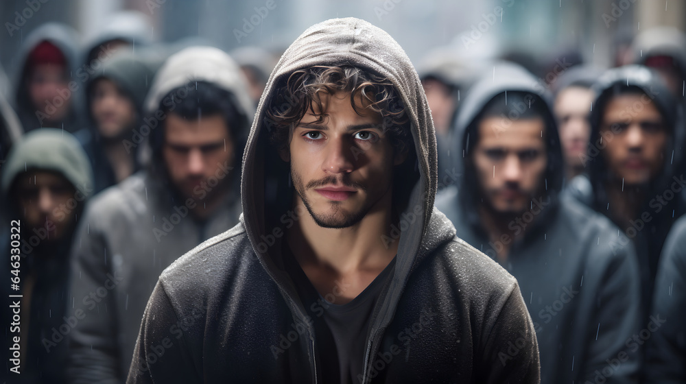 Man in hoodie stands in rain, standing out from the crowd concept Man in hoodie stands in rain, standing out from the crowd concept