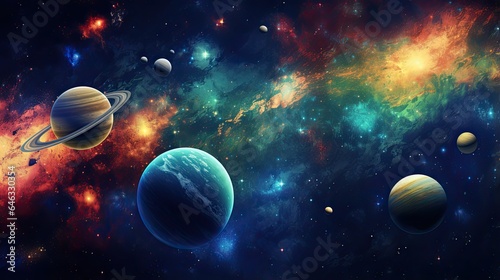 Outer space scene with planets and galaxies illustration. © Xabrina